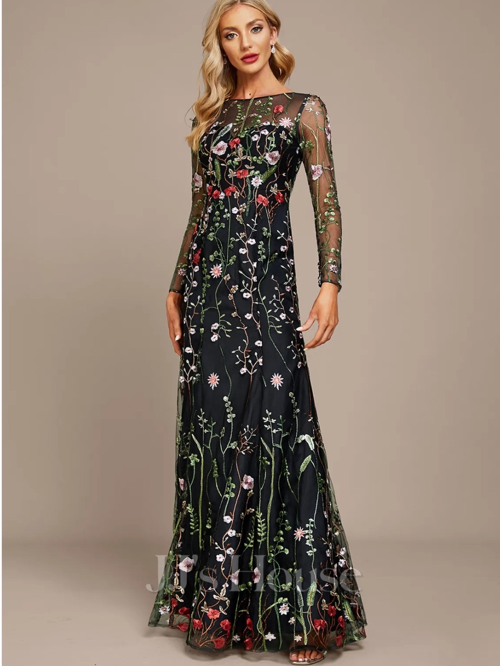 NWT JJs House Black Embroidered Floral Sheer Maxi Dress Sz 10 Sheath Gown